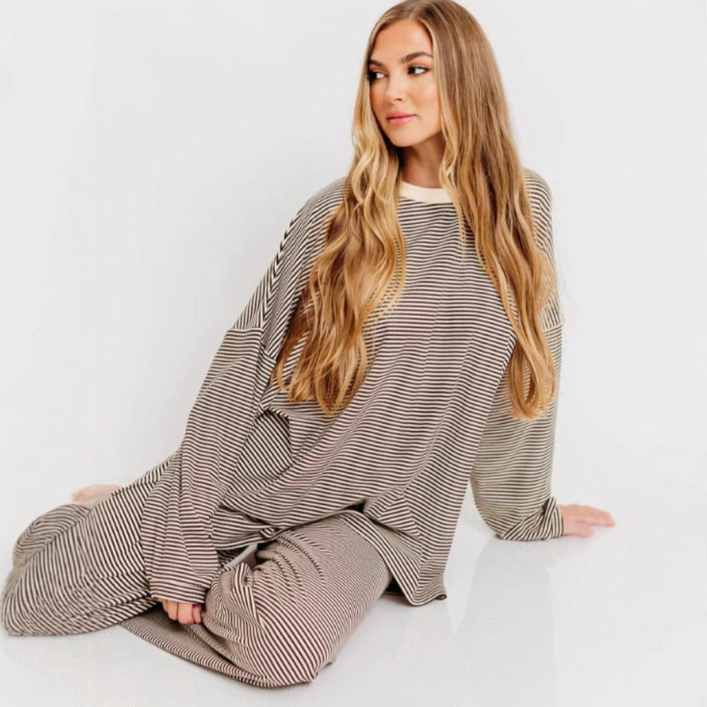 Brown Striped Long Sleeve Pajama Set for Women - Lavinia