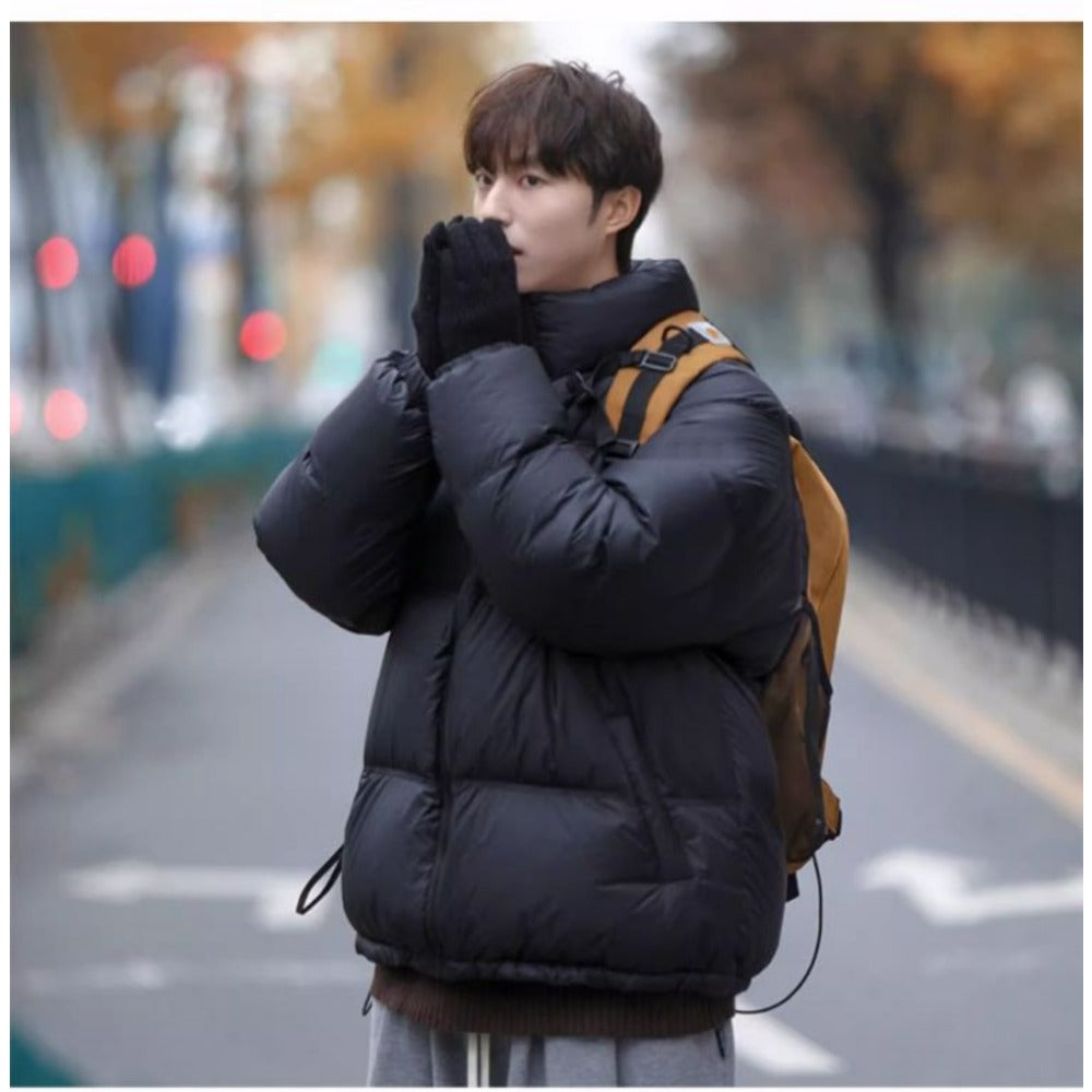 Black Puffer Jacket with Stand Collar for Men - Arianna