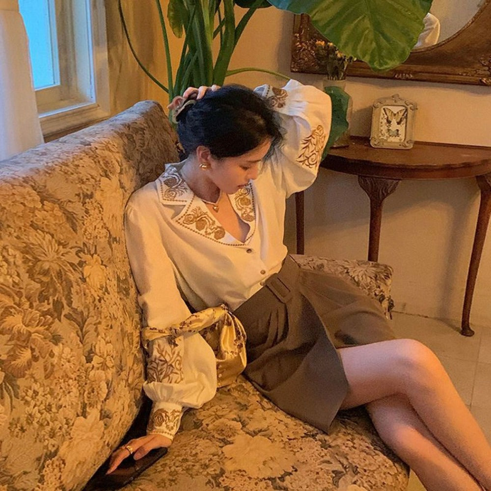 Apricot Embroidered Long Sleeve Blouse with Floral Design for Women - Mary