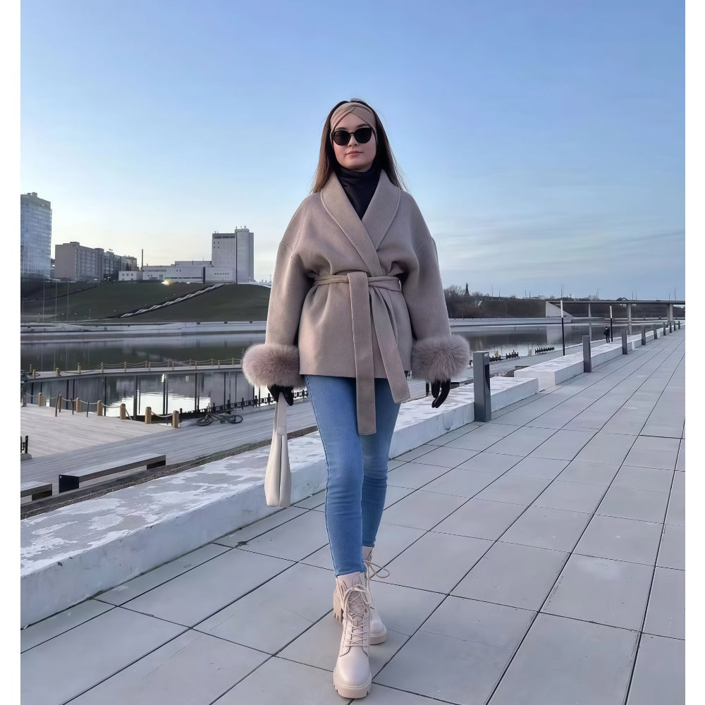 Faux Fur Trim Belted Coat for Women - Sheila