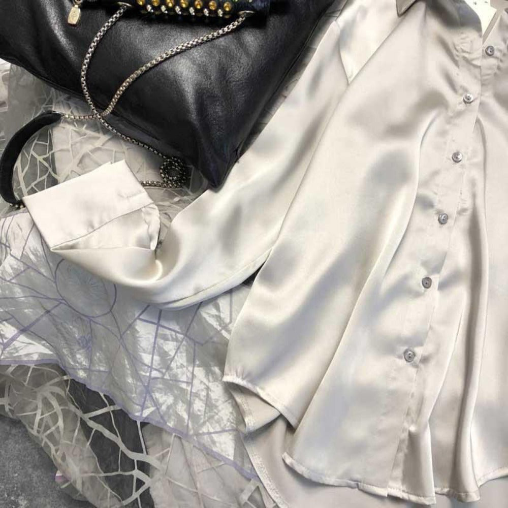 Satin Button Up Long Sleeve Shirt for Women - Leonia