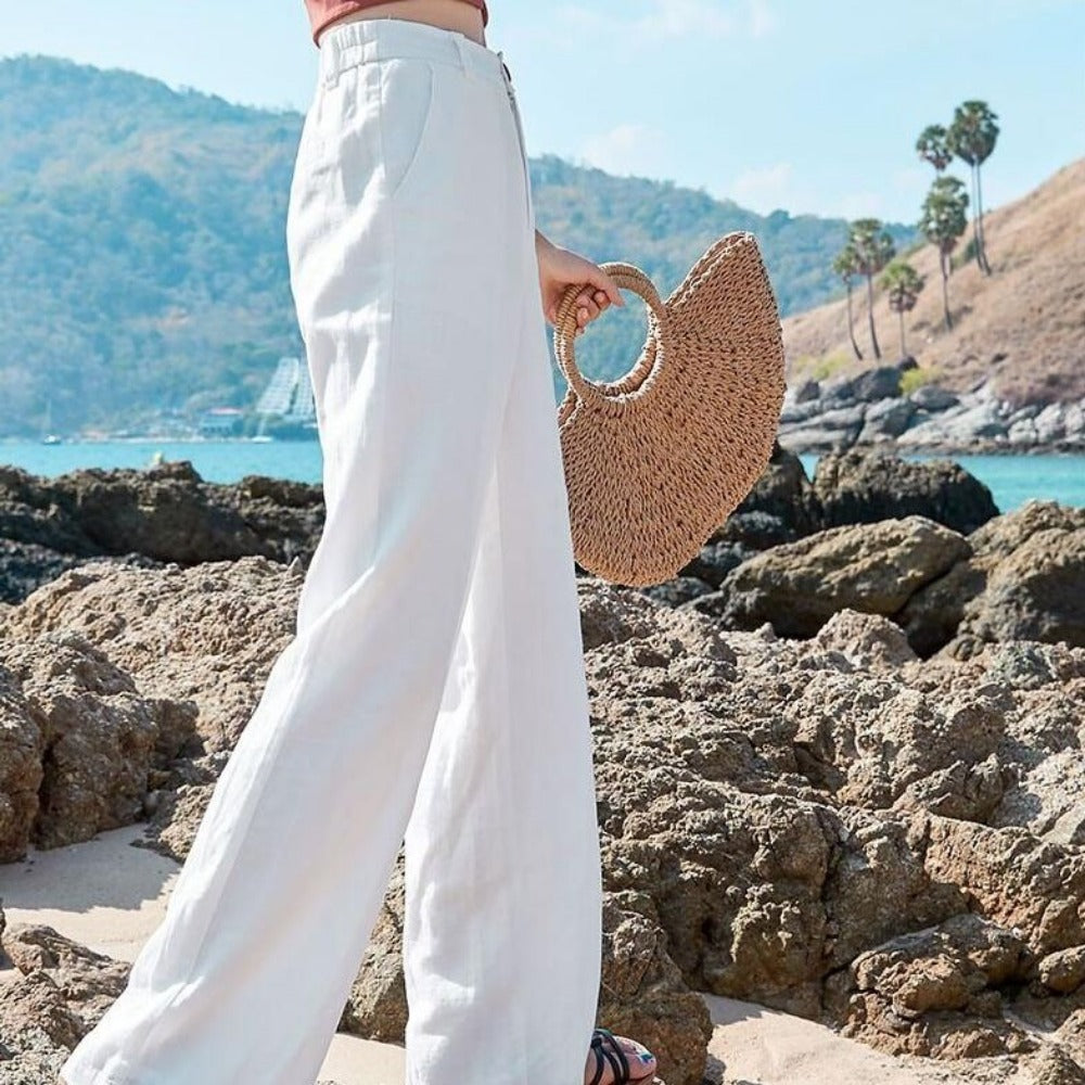 White High Waisted Wide Leg Pants for Women - Fernanda