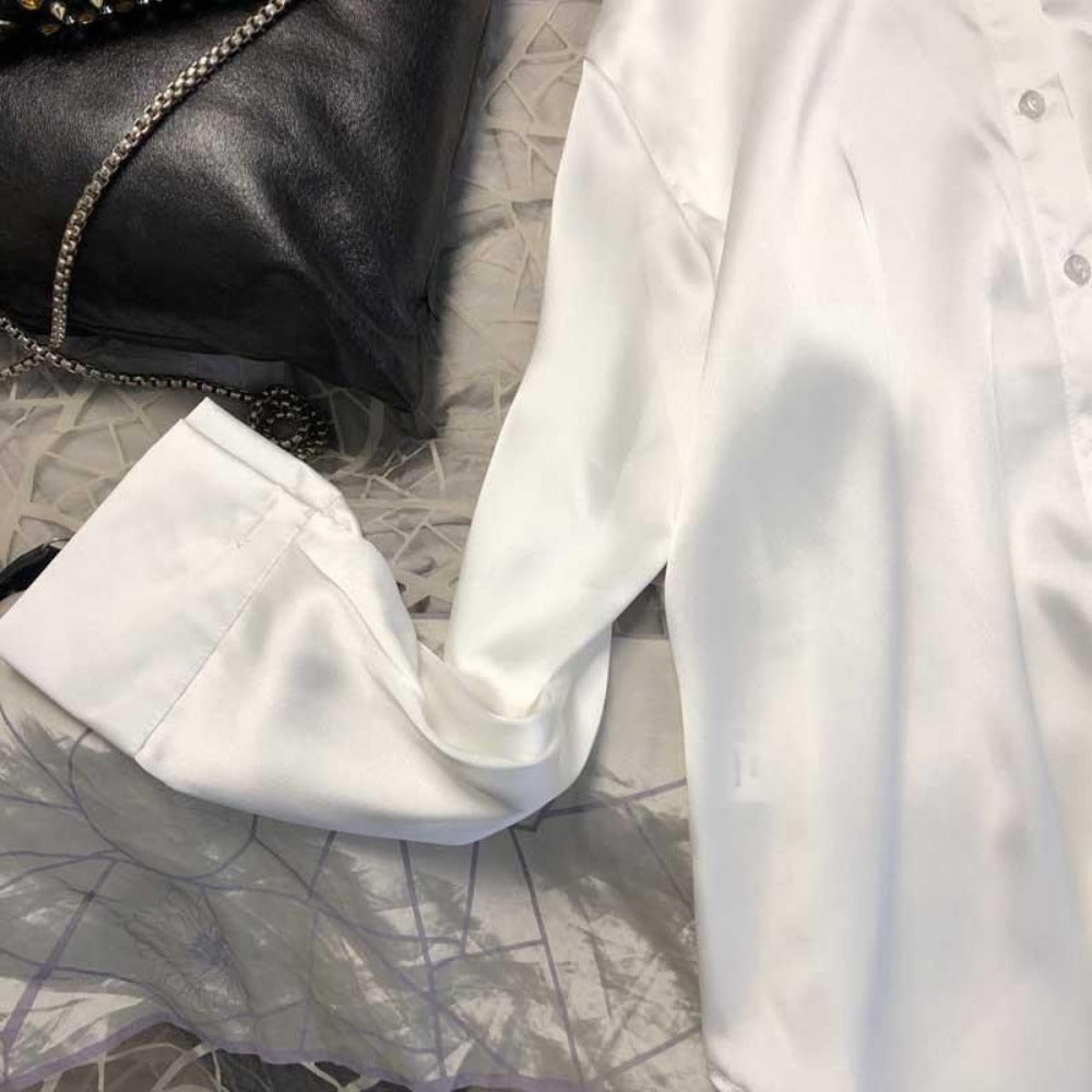 Satin Button Up Long Sleeve Shirt for Women - Leonia