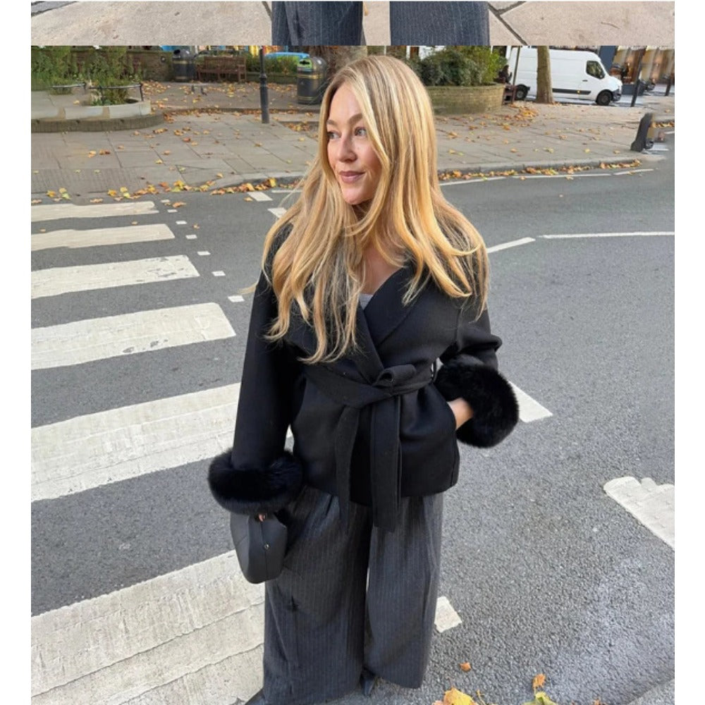 Faux Fur Trim Belted Coat for Women - Sheila