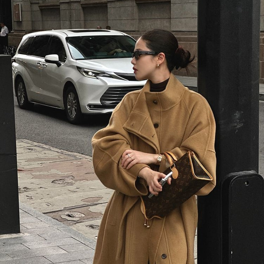 Oversized Wool Long Coat with Pockets for Women - Delfina
