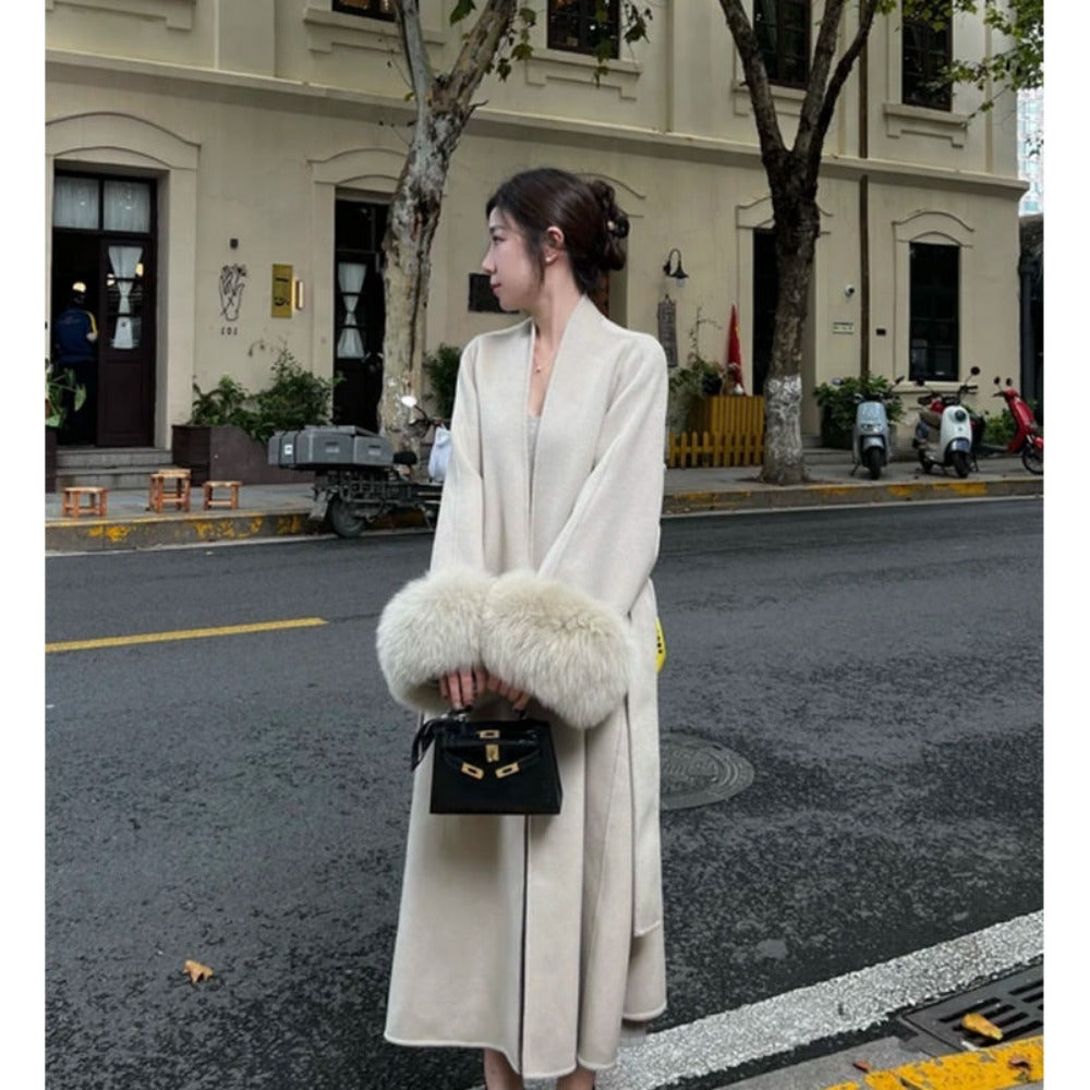 Long Wool Coat with Fur Cuffs for Women - Fortunata