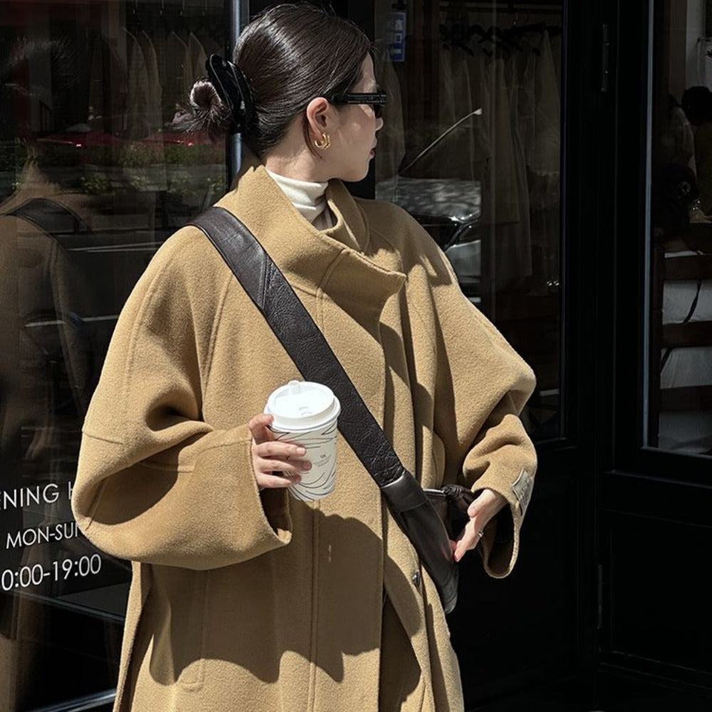 Oversized Wool Long Coat with Pockets for Women - Delfina