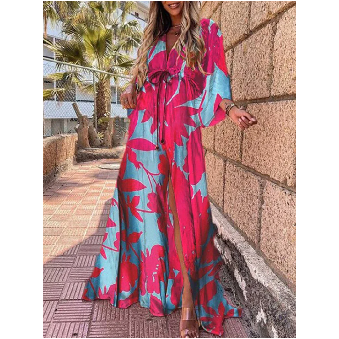 Colorful V-Neck Maxi Dress with Side Slit for Women | Elegant Summer Style