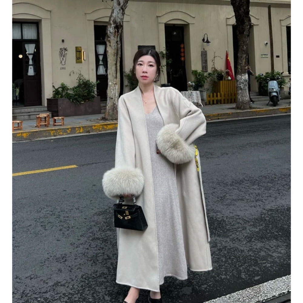 Long Wool Coat with Fur Cuffs for Women - Fortunata
