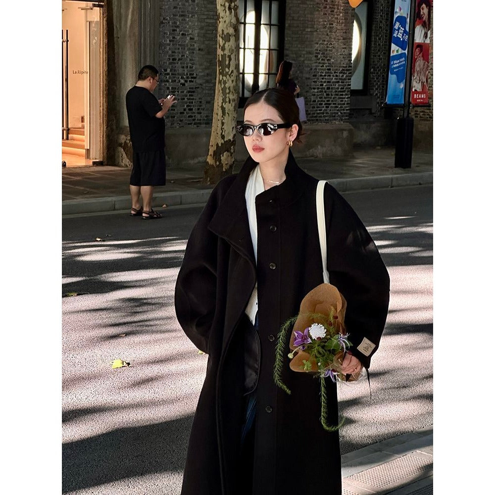 Oversized Wool Long Coat with Pockets for Women - Delfina