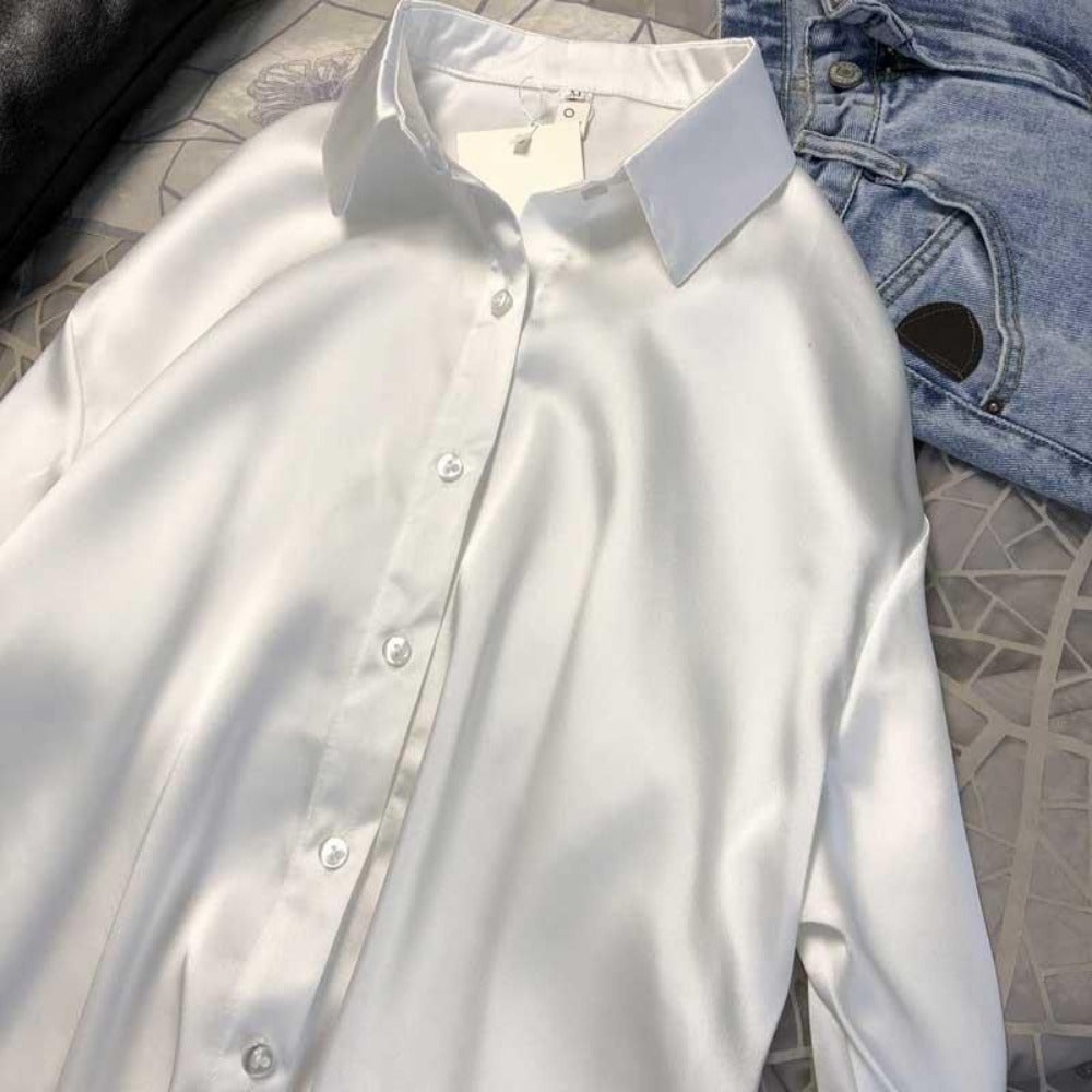 Satin Button Up Long Sleeve Shirt for Women - Leonia