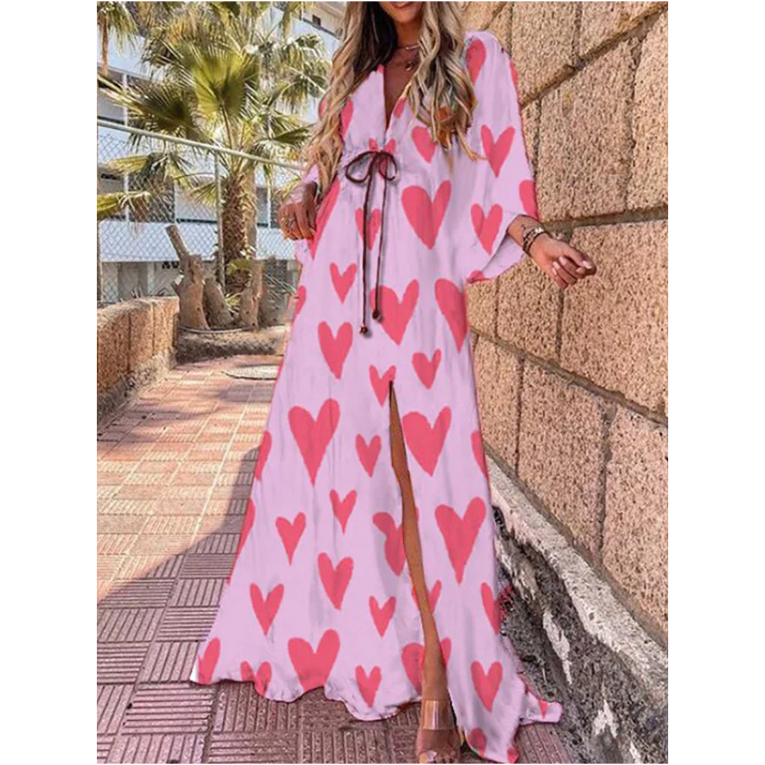 Colorful V-Neck Maxi Dress with Side Slit for Women | Elegant Summer Style