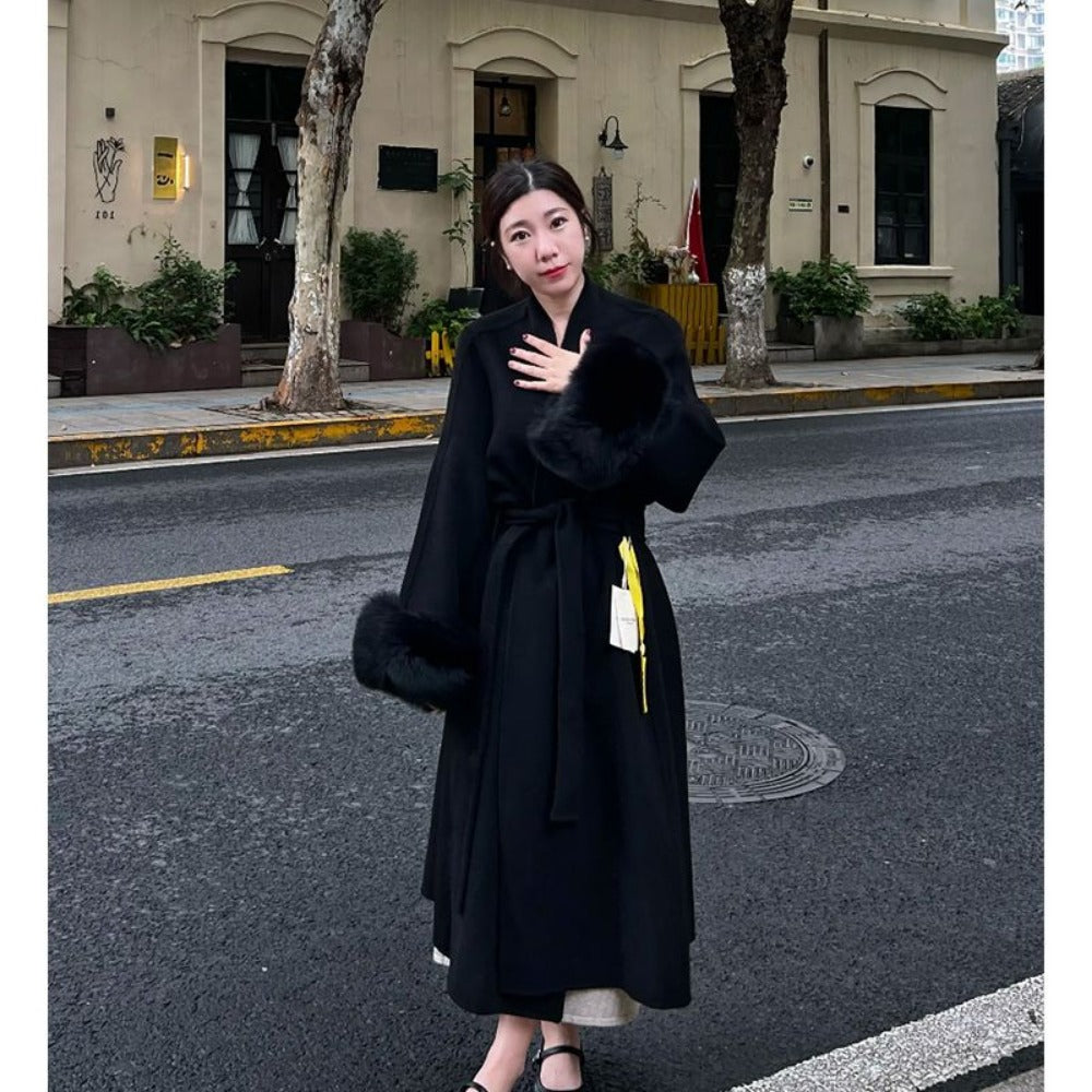 Long Wool Coat with Fur Cuffs for Women - Fortunata