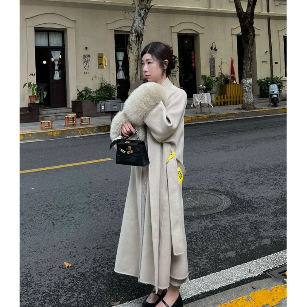 Long Wool Coat with Fur Cuffs for Women - Fortunata
