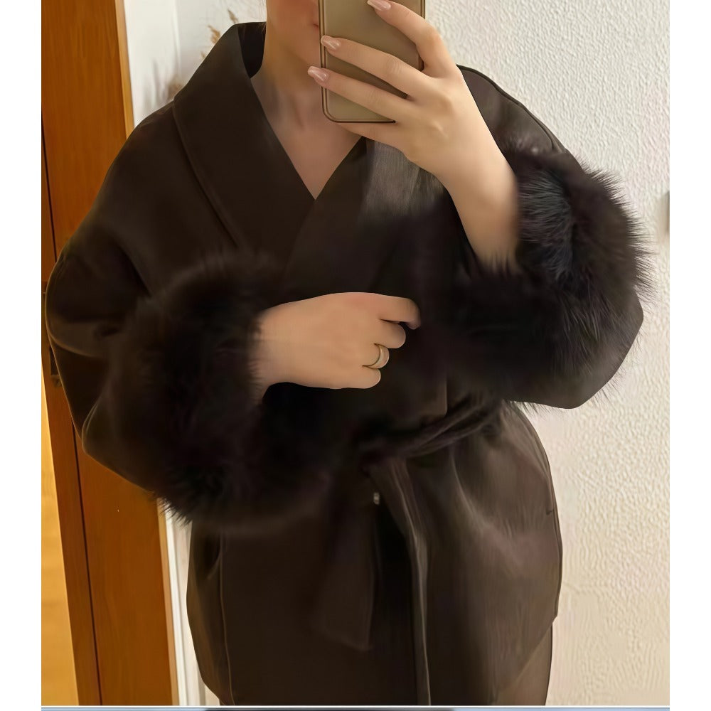 Faux Fur Trim Belted Coat for Women - Sheila