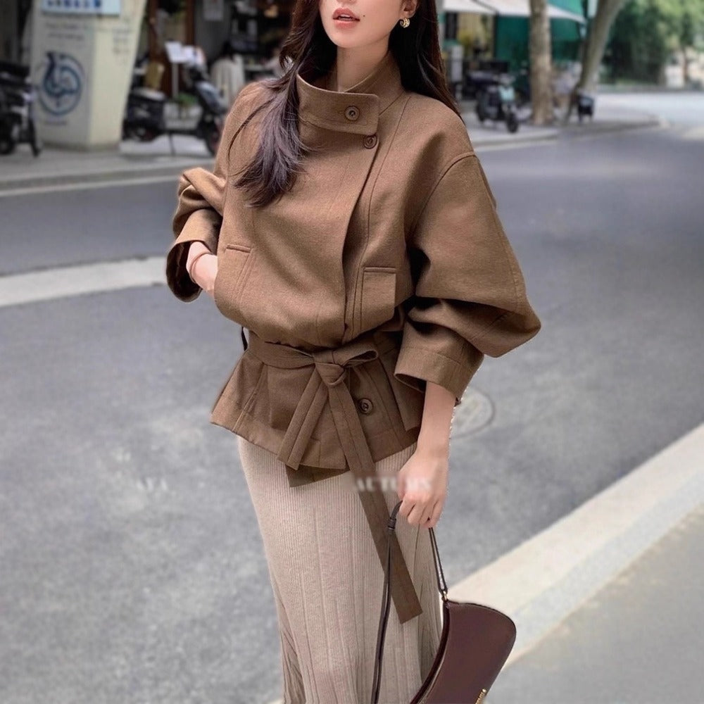 Belted High Neck Jacket with Wide Sleeves for Women - Fortunata