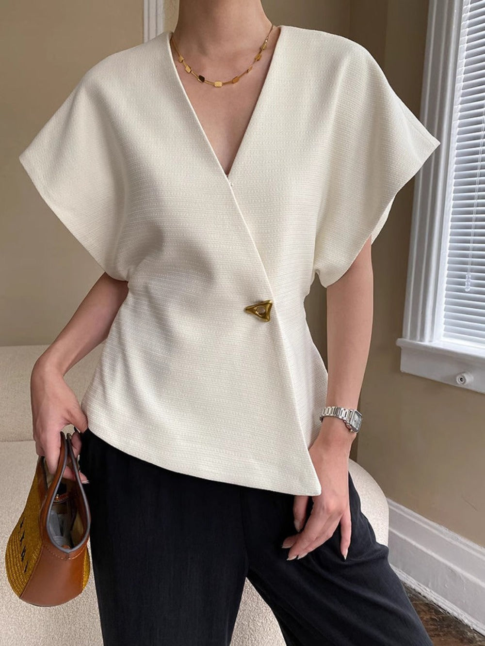 V Neck Wrap Short Sleeve Blouse for Women - Ottavia