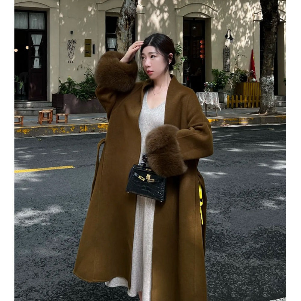 Long Wool Coat with Fur Cuffs for Women - Fortunata