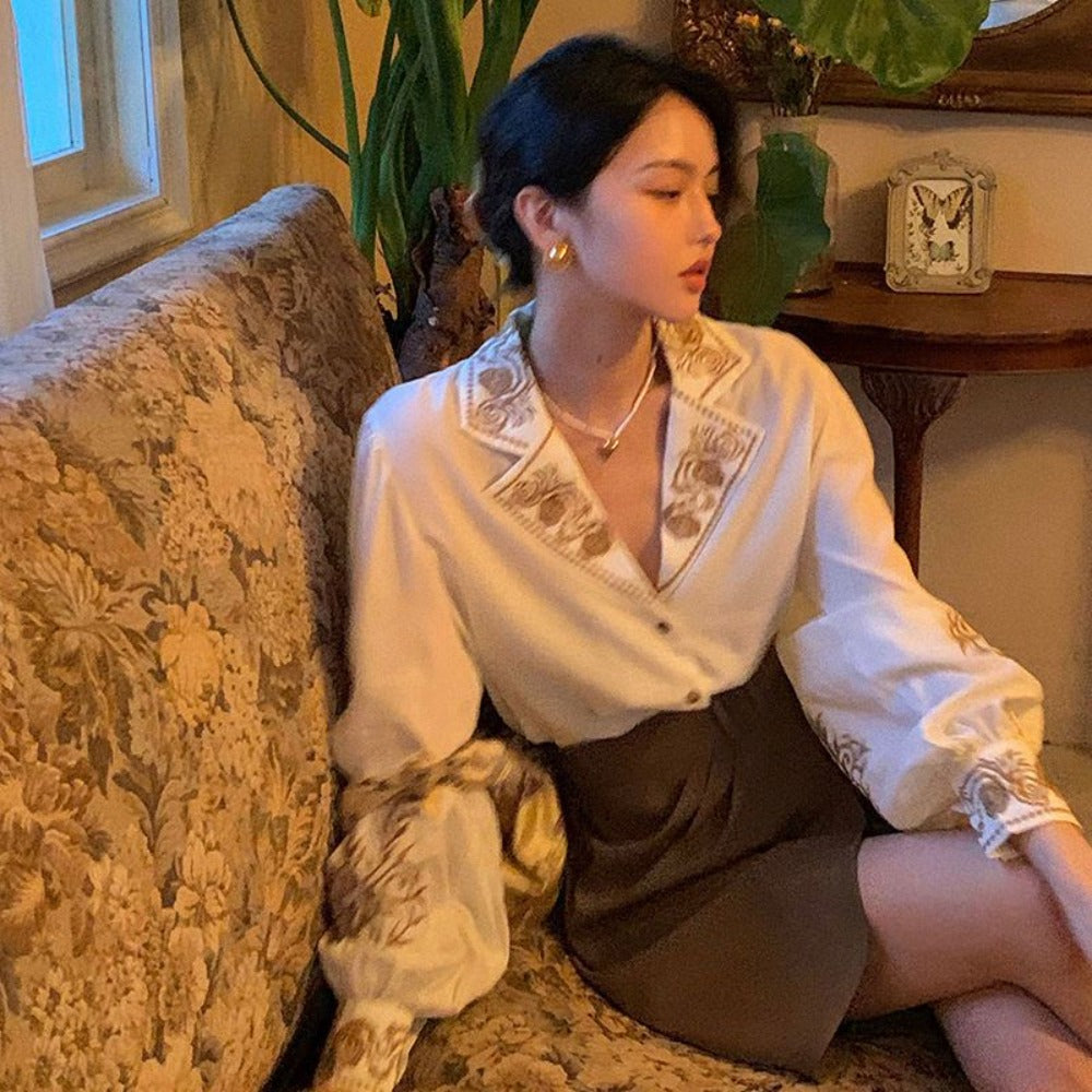 Apricot Embroidered Long Sleeve Blouse with Floral Design for Women - Mary