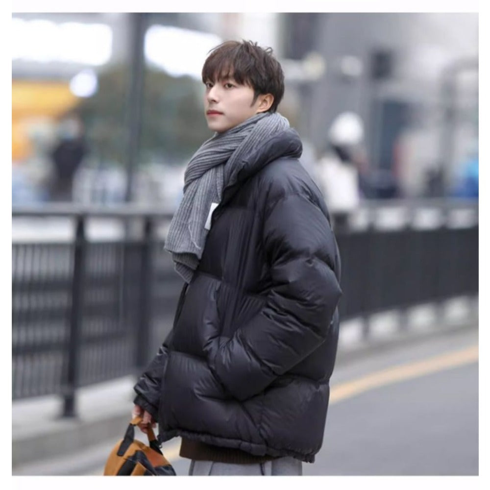 Black Puffer Jacket with Stand Collar for Men - Arianna