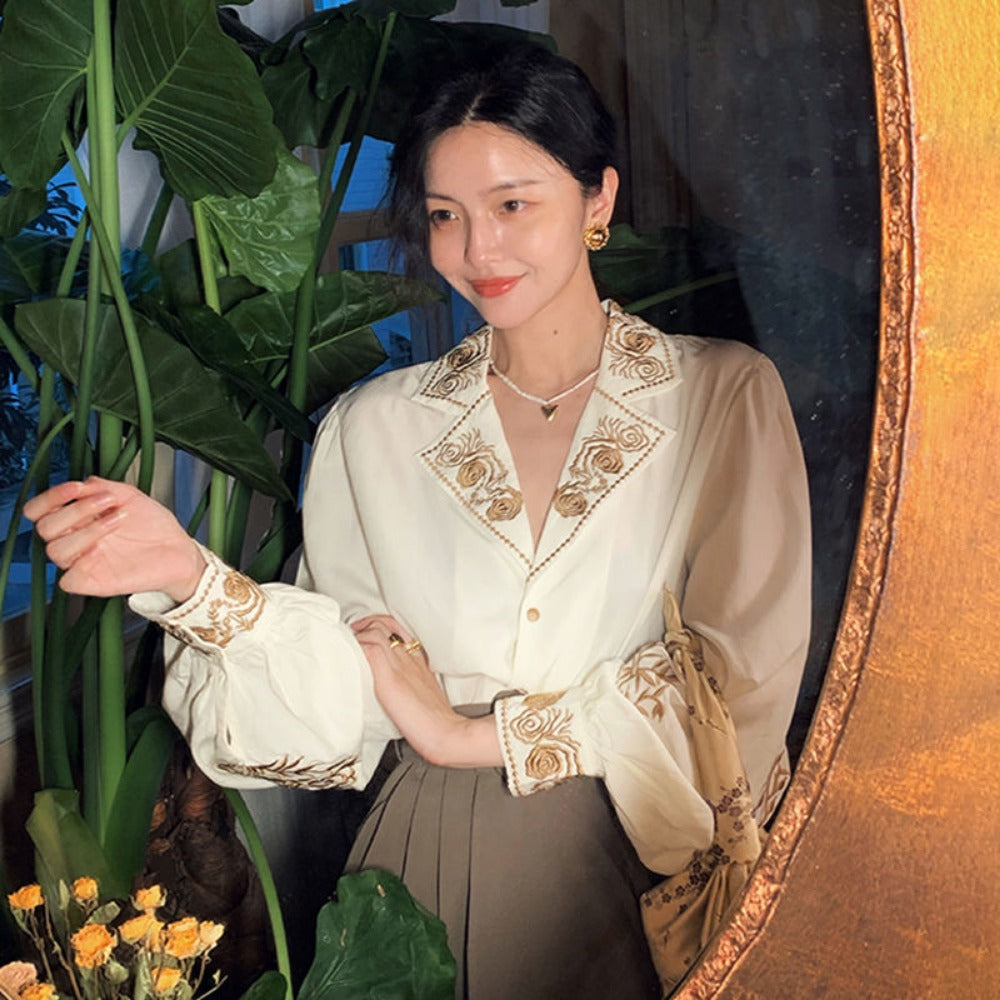 Apricot Embroidered Long Sleeve Blouse with Floral Design for Women - Mary