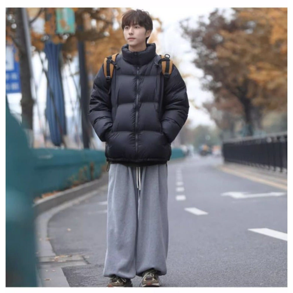 Black Puffer Jacket with Stand Collar for Men - Arianna