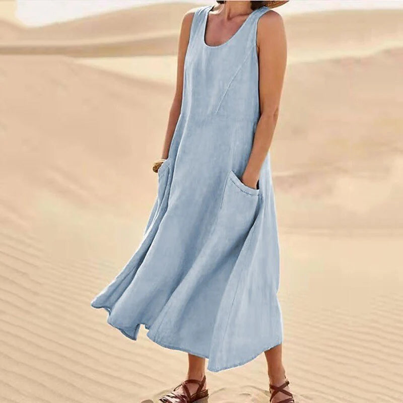 Casual Midi Summer Dress with Round Neck for Women | Comfortable Everyday Style