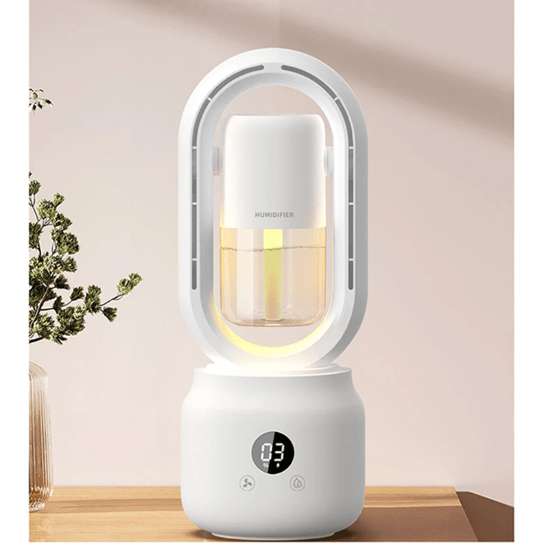 Portable Blade-Free Fan with Humidifier and Night Light for Refreshing Comfort