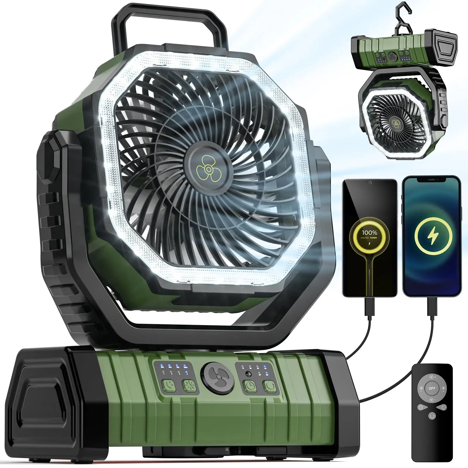 20000mAh Portable Camp Fan with LED Light and Power Bank