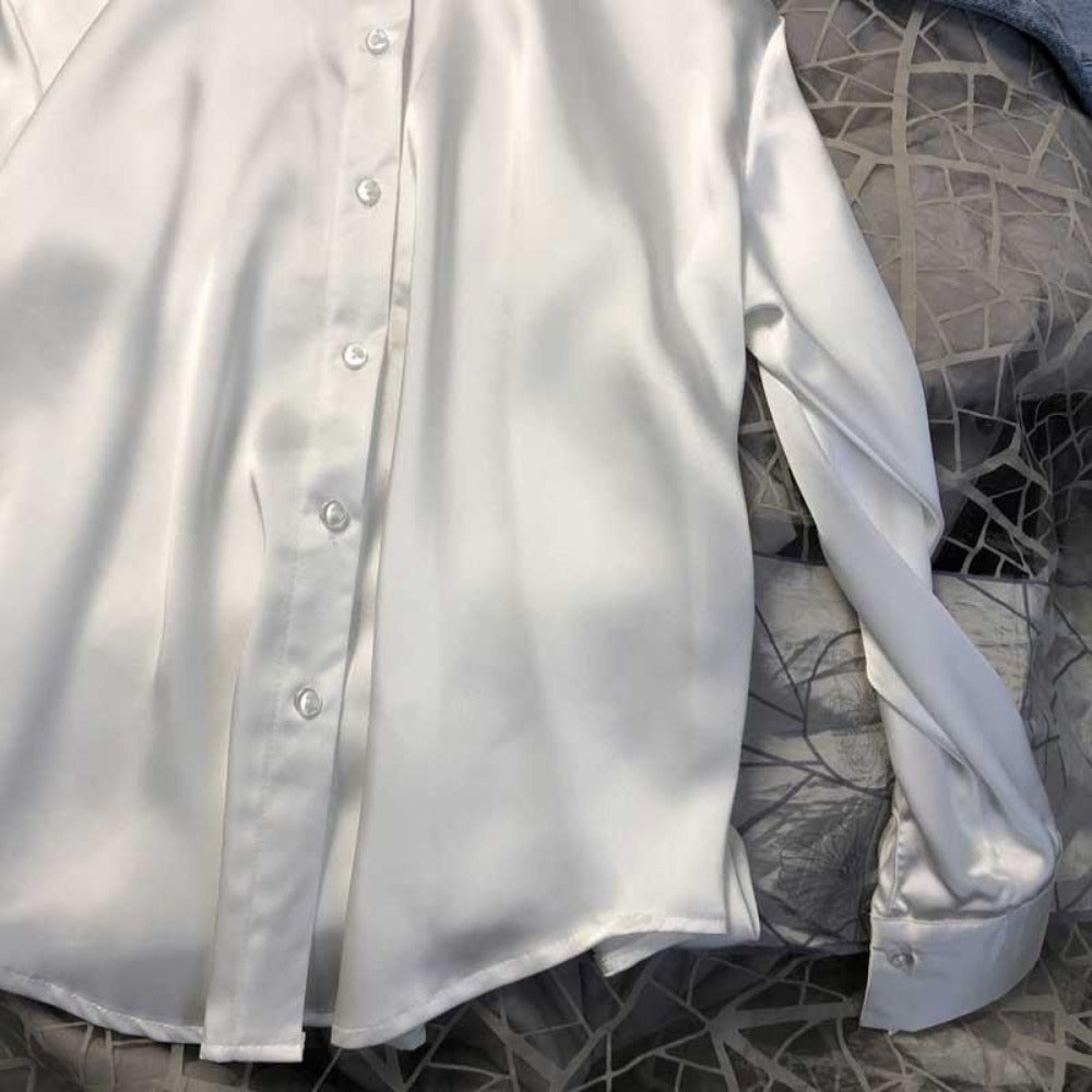 Satin Button Up Long Sleeve Shirt for Women - Leonia