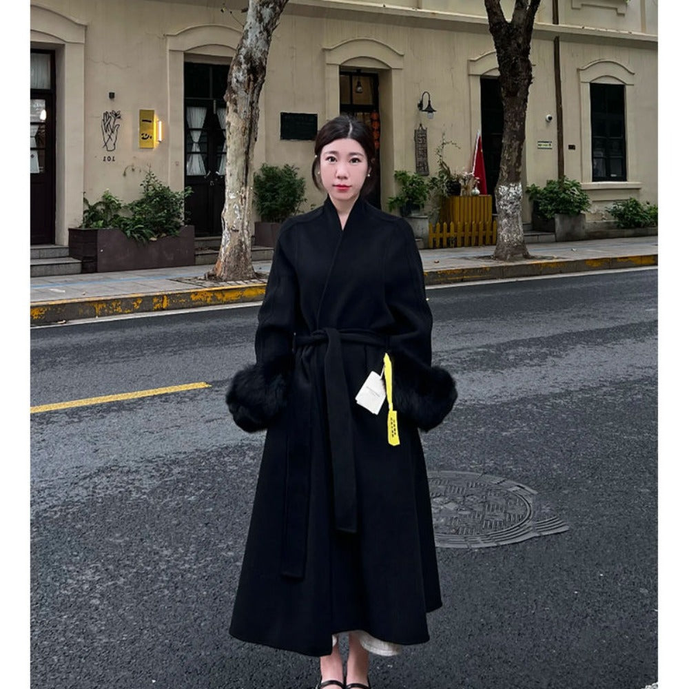 Long Wool Coat with Fur Cuffs for Women - Fortunata