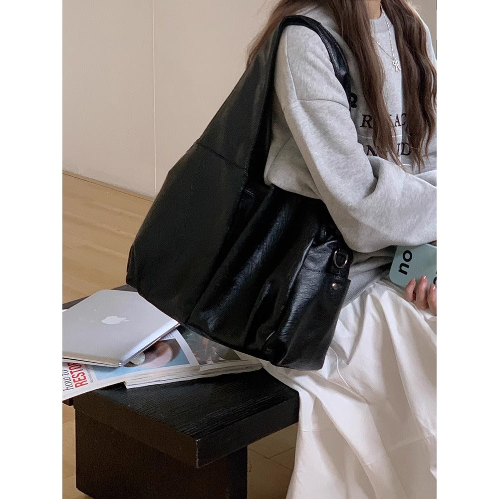 Black Faux Leather Shoulder Tote Bag for Women - Barbara