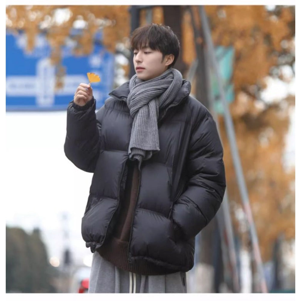 Black Puffer Jacket with Stand Collar for Men - Arianna