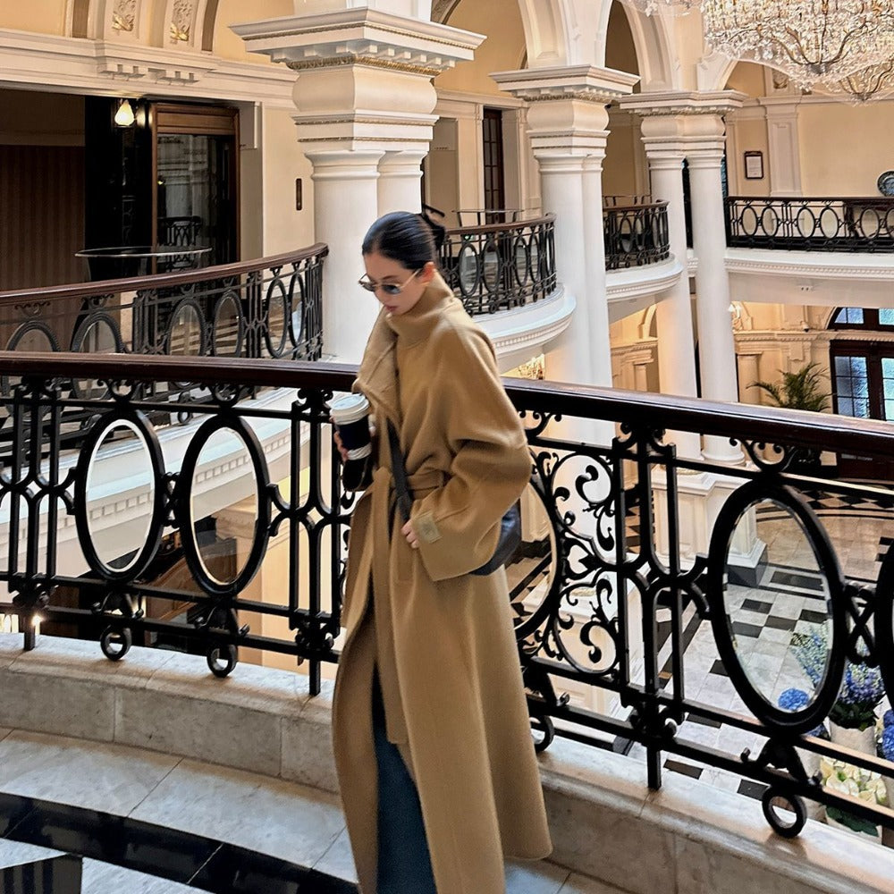 Oversized Wool Long Coat with Pockets for Women - Delfina