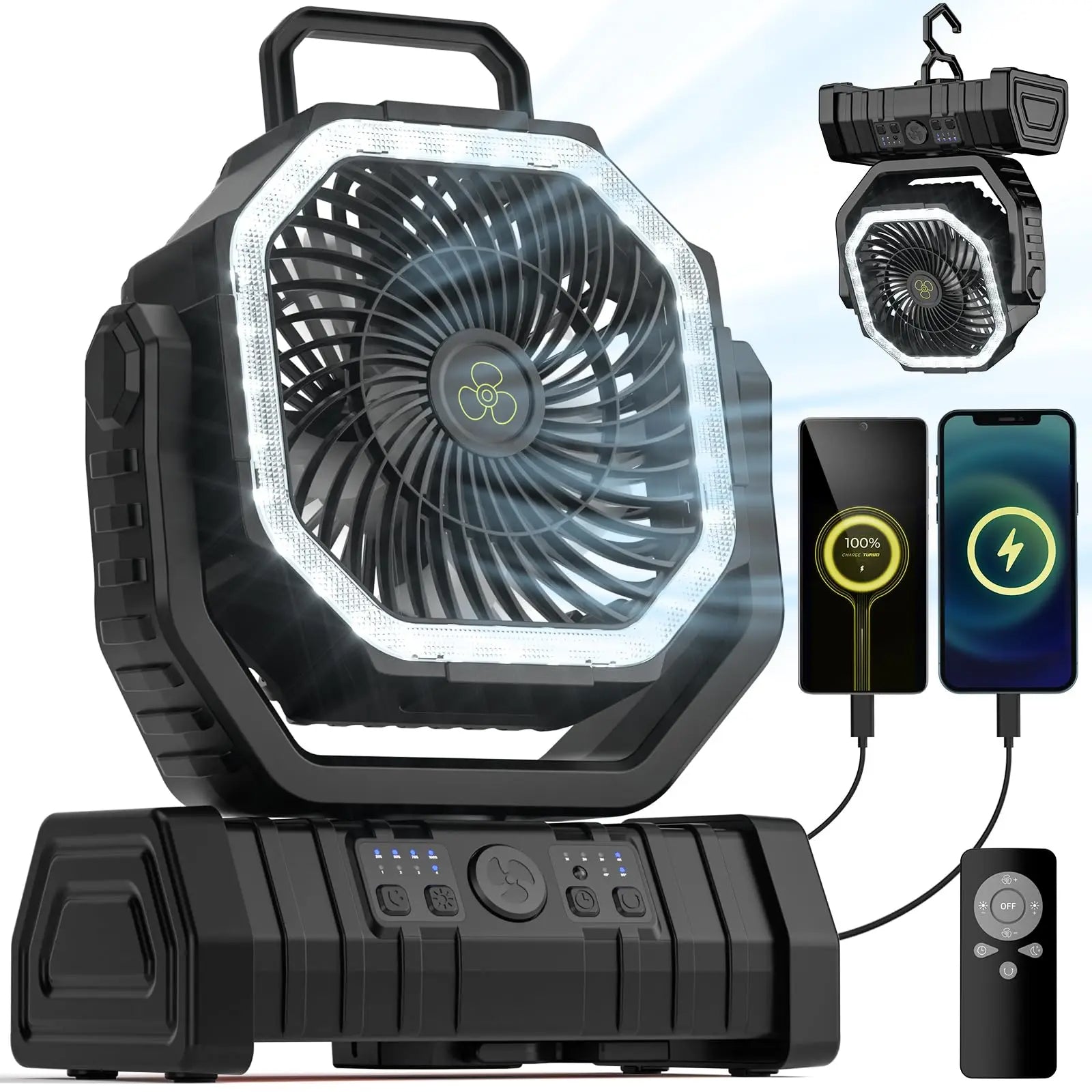 20000mAh Portable Camp Fan with LED Light and Power Bank