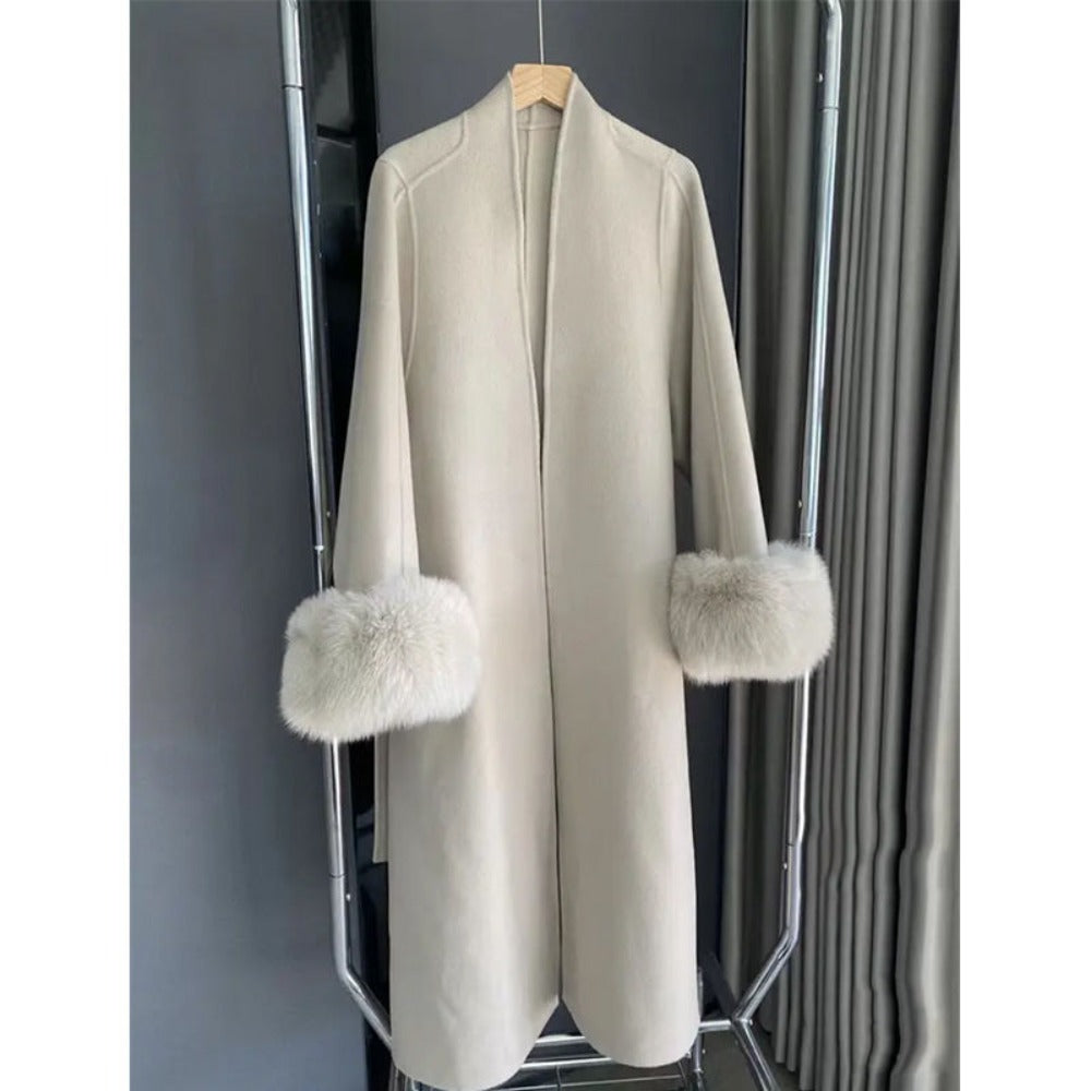 Long Wool Coat with Fur Cuffs for Women - Fortunata