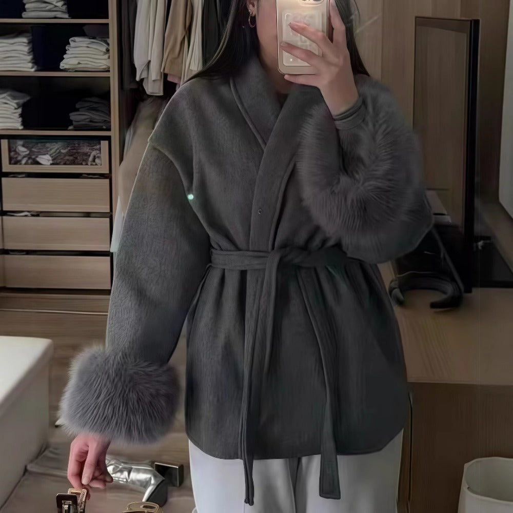 Faux Fur Trim Belted Coat for Women - Sheila