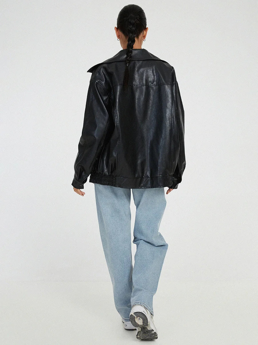 Women's Loose Leather Jacket | Lapel