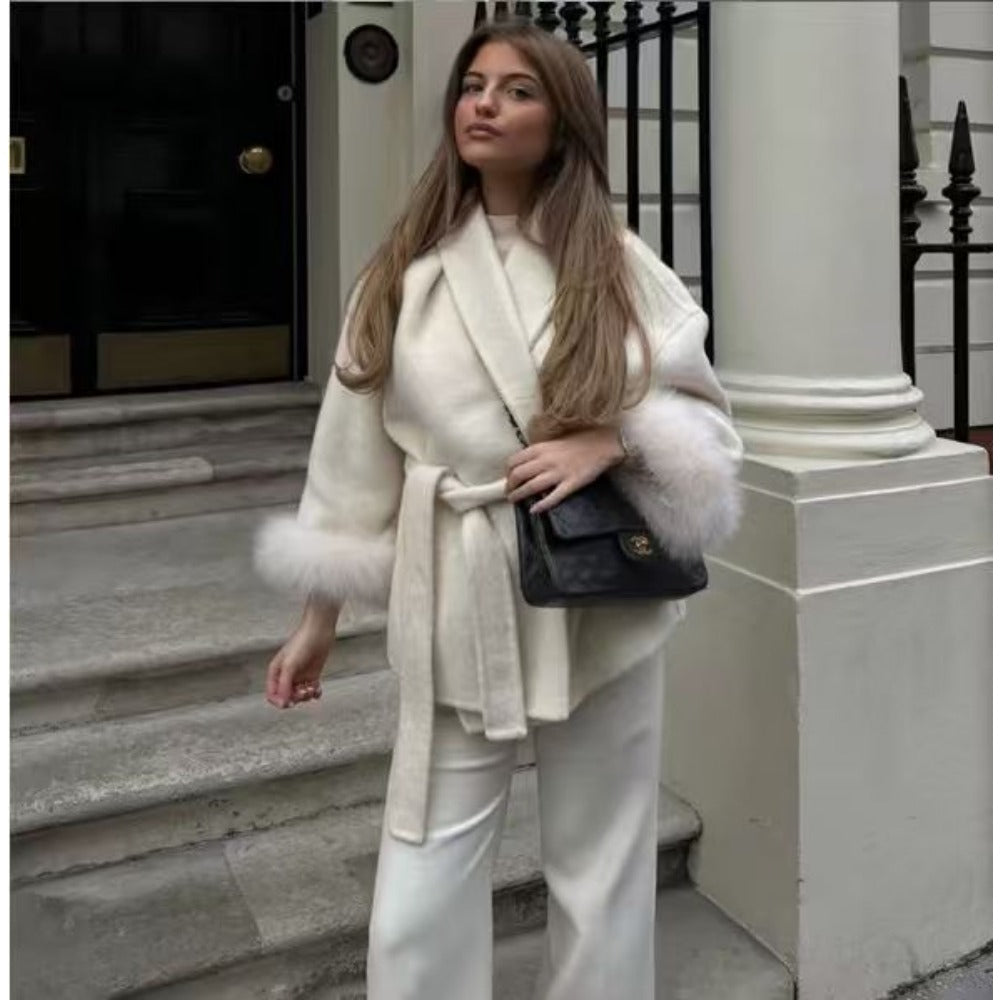 Faux Fur Trim Belted Coat for Women - Sheila