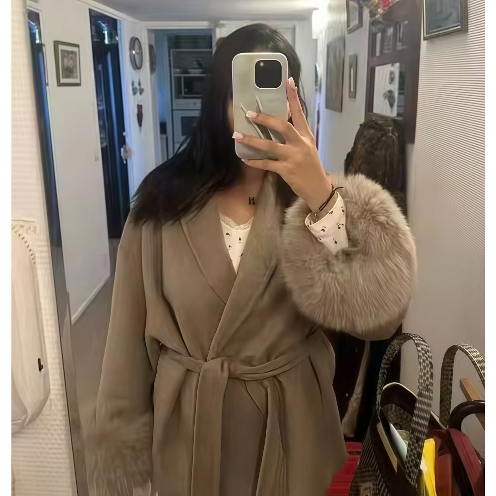 Faux Fur Trim Belted Coat for Women - Sheila