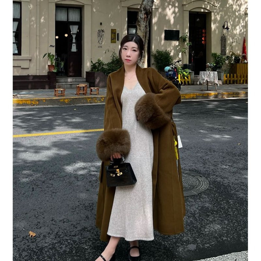 Long Wool Coat with Fur Cuffs for Women - Fortunata