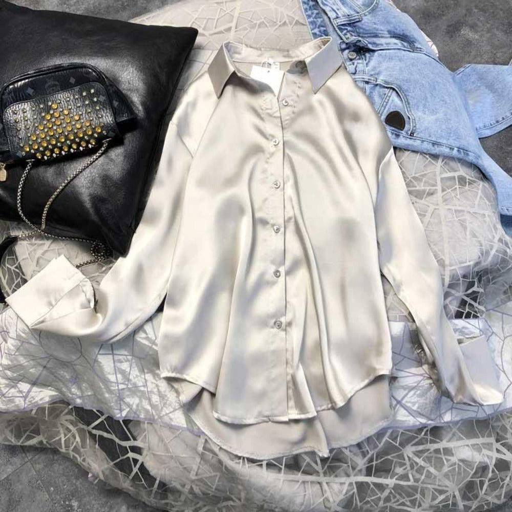 Satin Button Up Long Sleeve Shirt for Women - Leonia