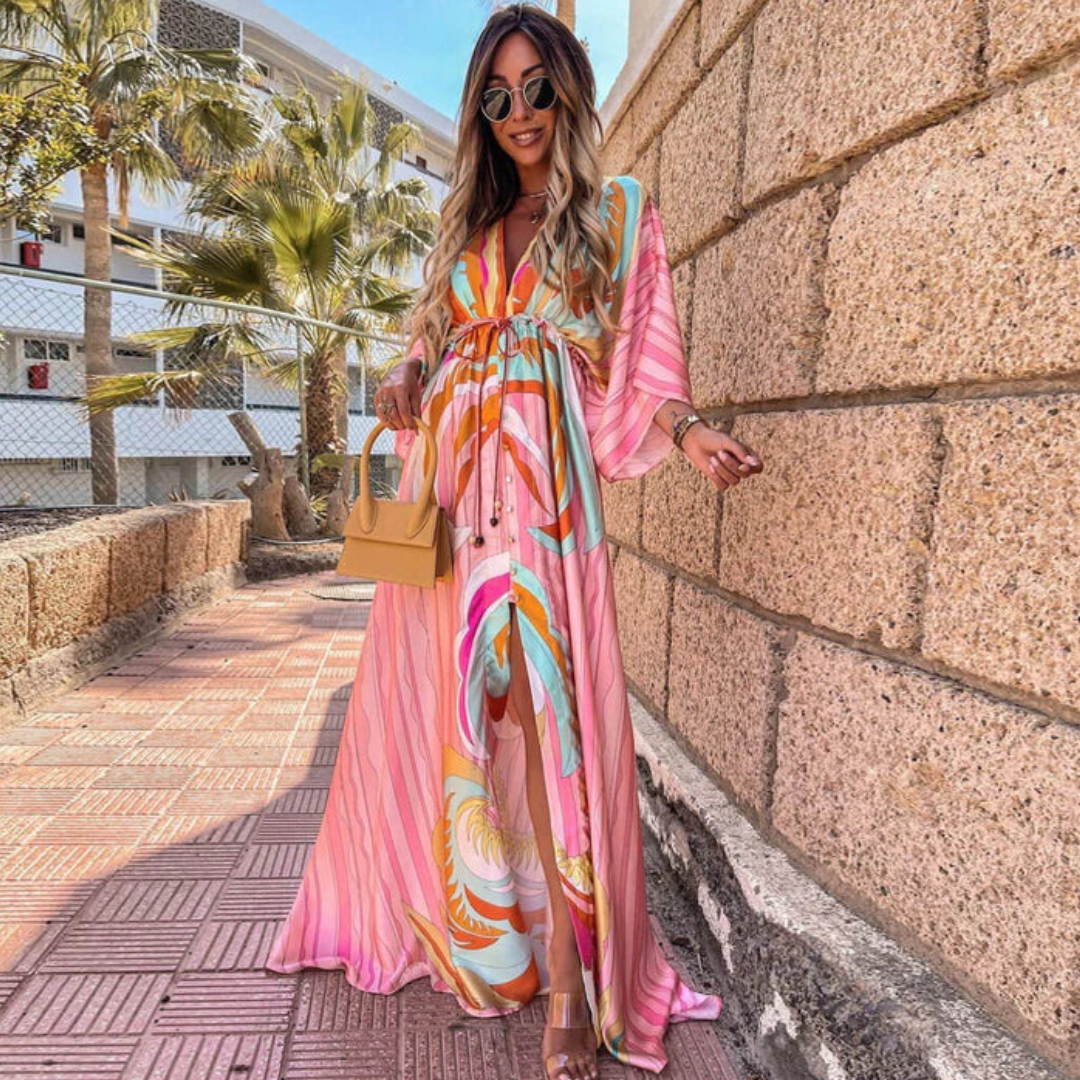 Colorful V-Neck Maxi Dress with Side Slit for Women | Elegant Summer Style