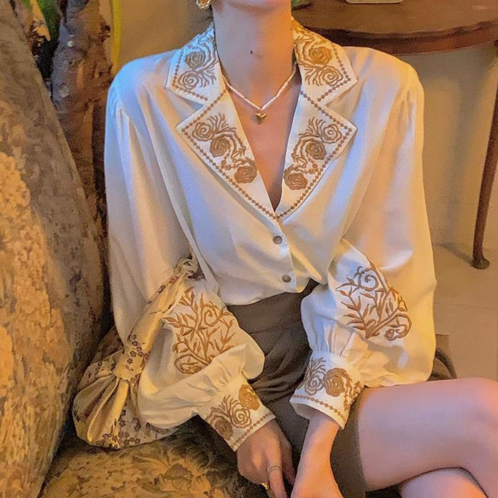 Apricot Embroidered Long Sleeve Blouse with Floral Design for Women - Mary