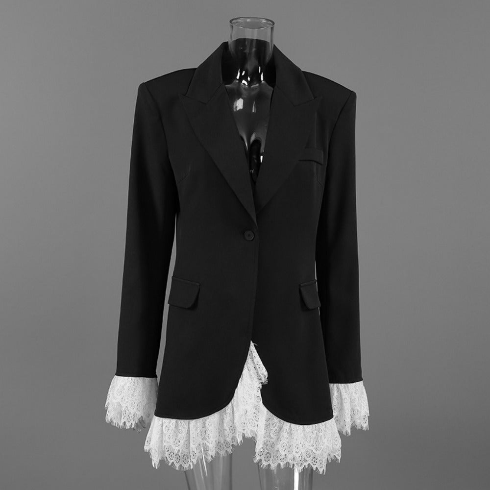 Black Blazer Jacket with Lace Hem for Women - Alfonsina