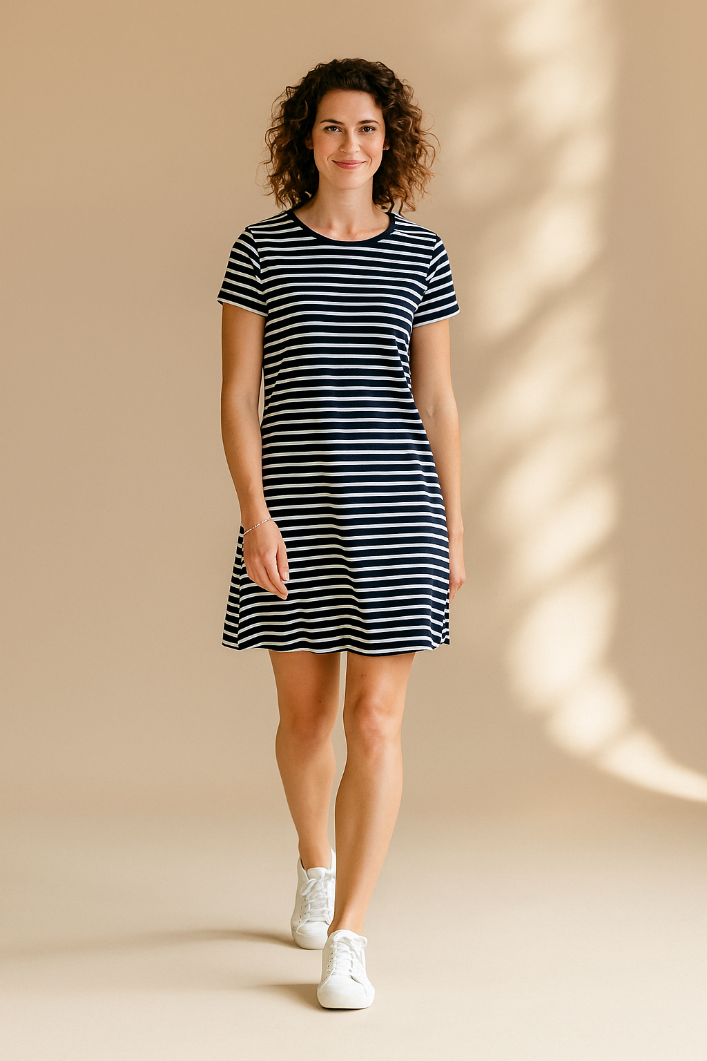 Women's Short Sleeve Striped Swing Dress – Navy & White