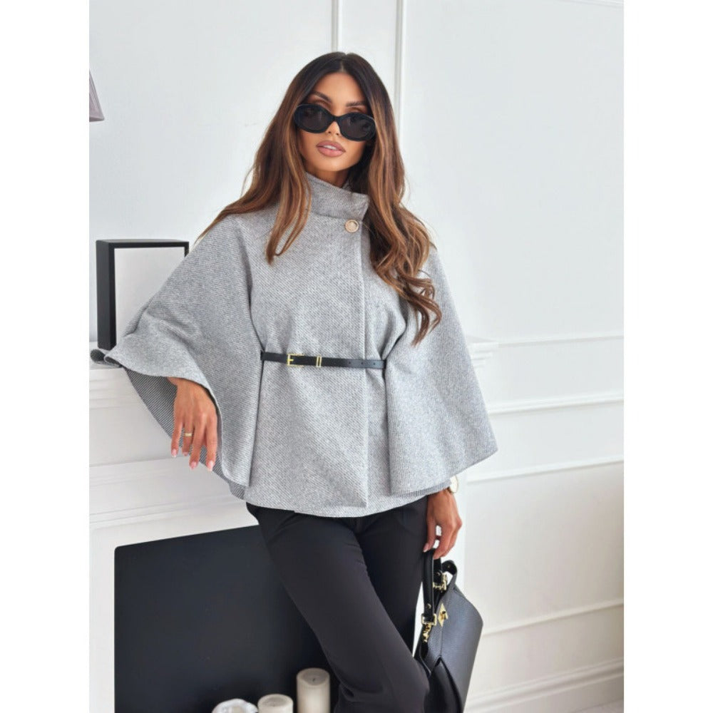 Belted Cape Coat with Wide Sleeves for Women - Zita