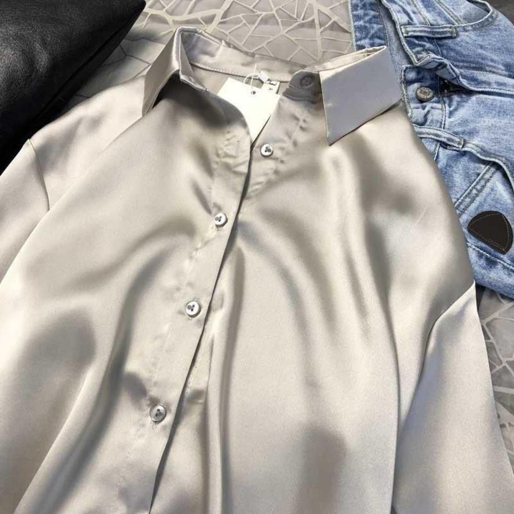 Satin Button Up Long Sleeve Shirt for Women - Leonia