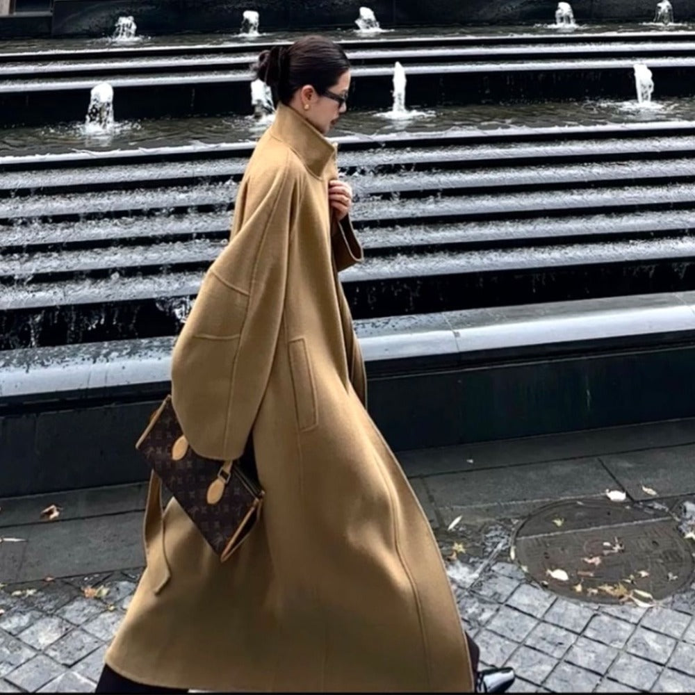 Oversized Wool Long Coat with Pockets for Women - Delfina