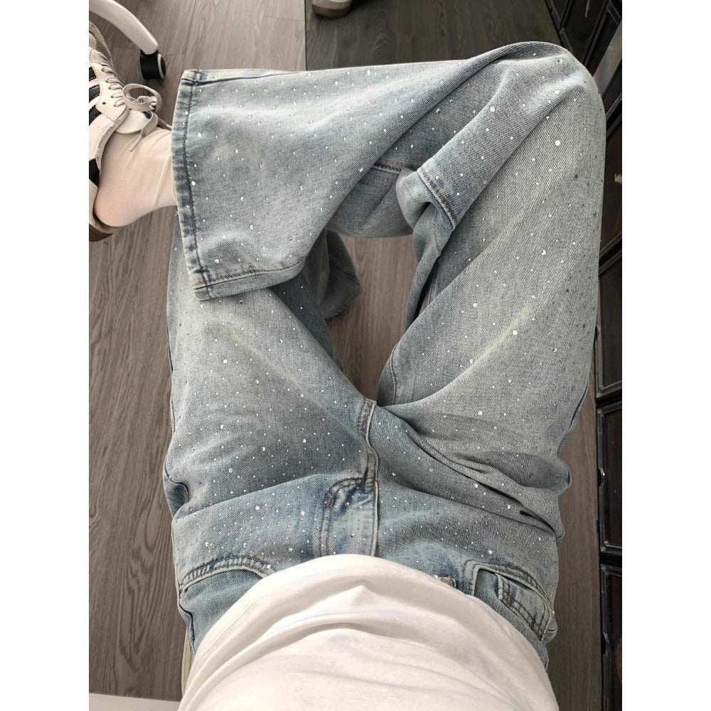 Light Blue Wide Leg Rhinestone Jeans for Women - Tonia